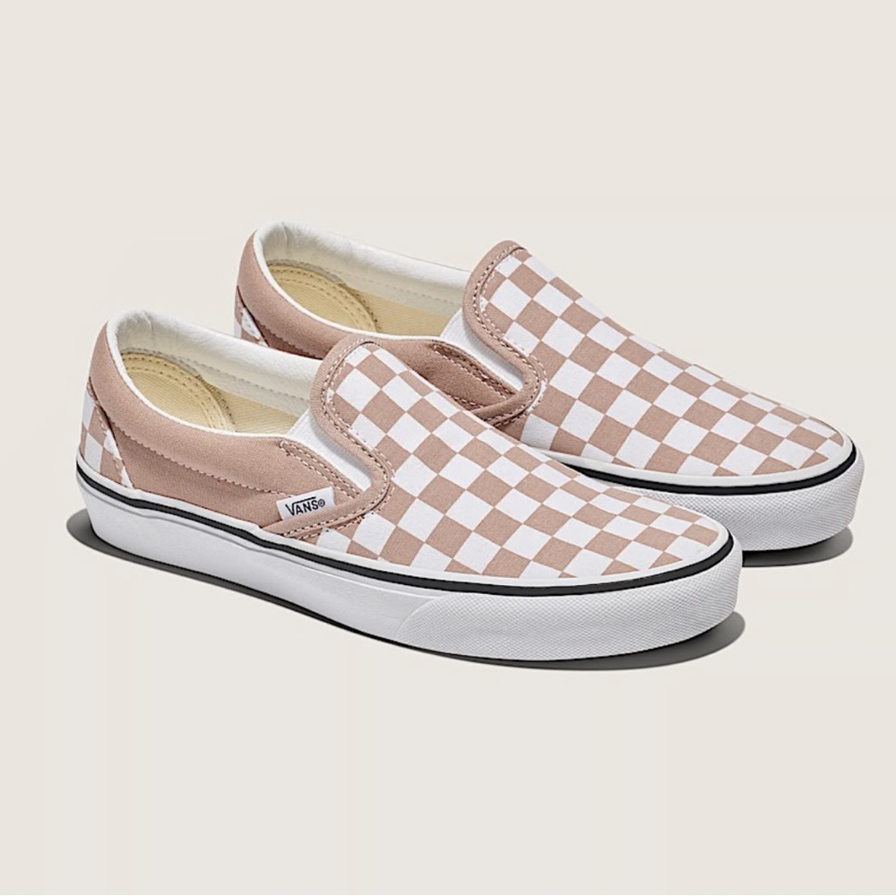Vans Classic Taupe/Blush and White Checkered Slip-Ons